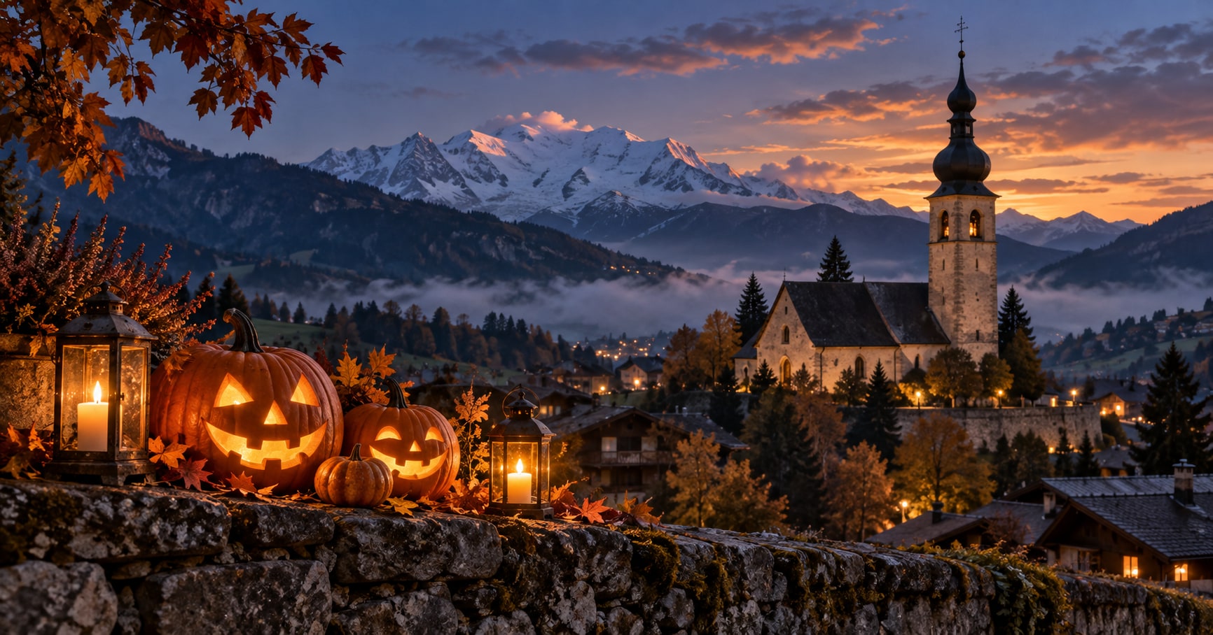 Illustration d’Halloween à Combloux : citrouilles illuminées et église Saint-Nicolas devant les montagnes au crépuscule